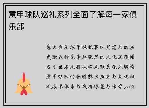 意甲球队巡礼系列全面了解每一家俱乐部