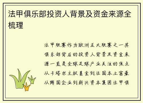 法甲俱乐部投资人背景及资金来源全梳理